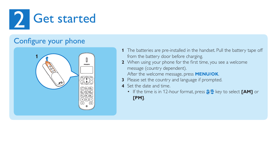 Get started, Configure your phone | Philips CD186 User Manual | Page 6 / 12