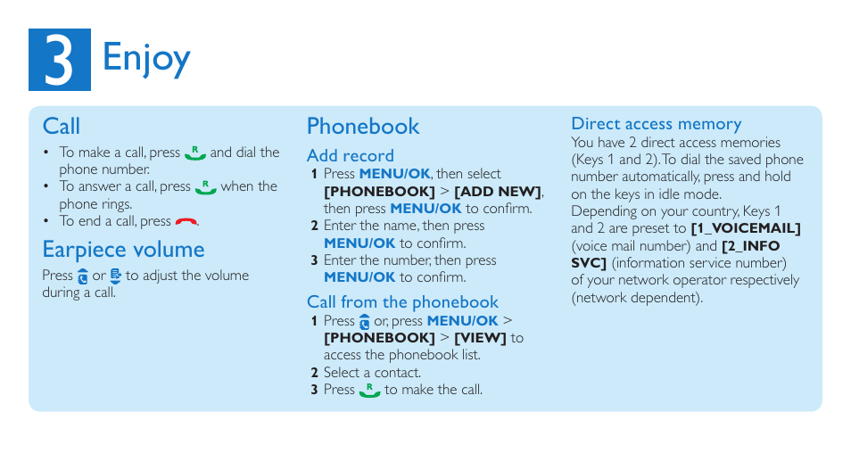 Enjoy, Call, Earpiece volume | Phonebook | Philips CD186 User Manual | Page 8 / 12