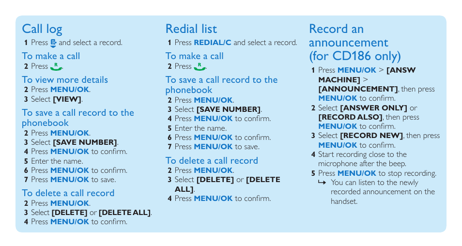 Call log, Redial list, Record an announcement (for cd186 only) | Philips CD186 User Manual | Page 9 / 12