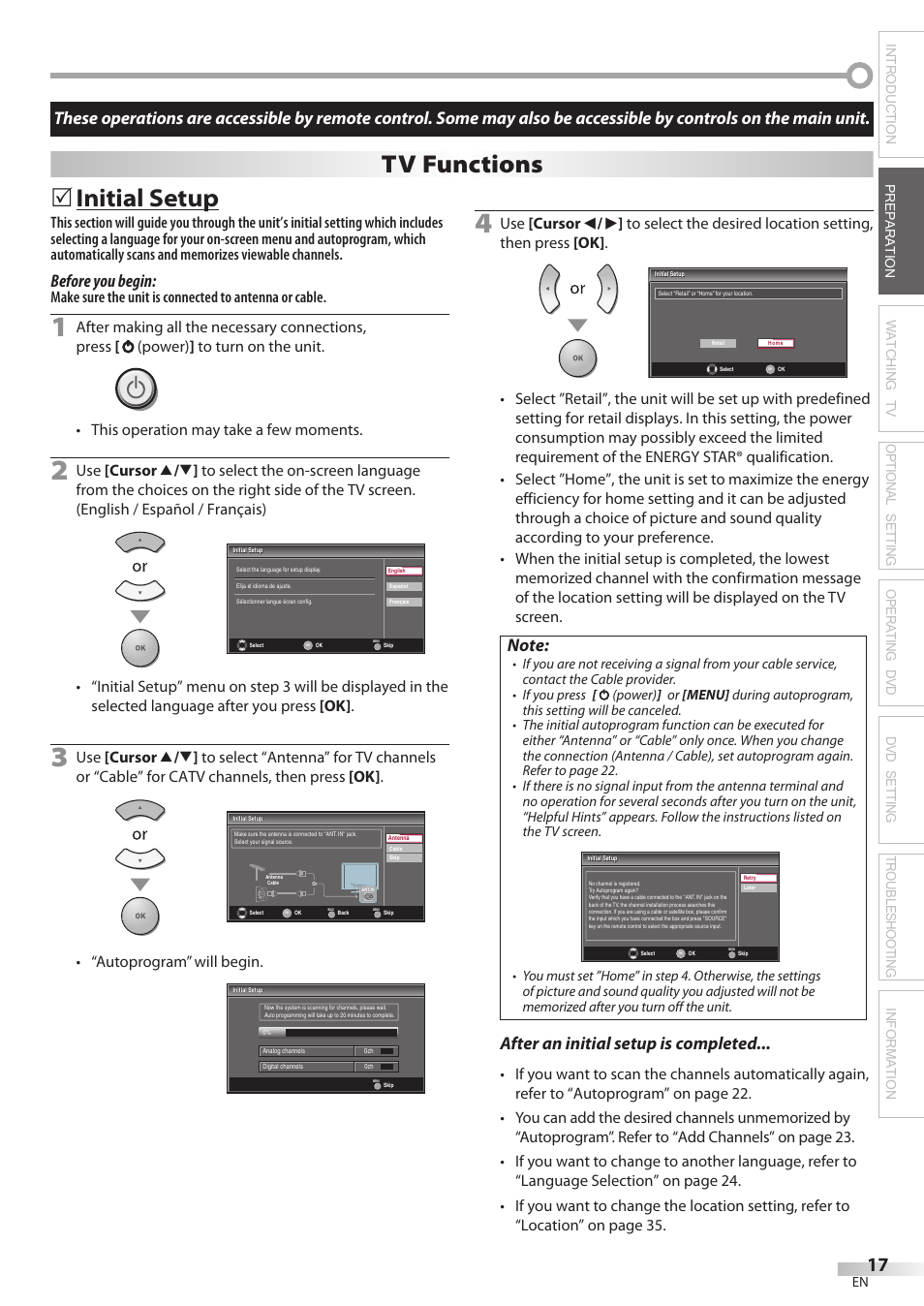 Initial setup, Tv functions, Before you begin | After an initial setup is completed, Autoprogram” will begin | Philips Magnavox 19MD350B/F7 User Manual | Page 17 / 57