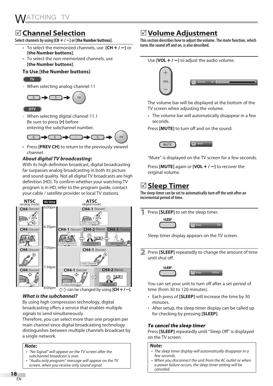 Atching tv, Channel selection, Volume adjustment | Sleep timer | Philips Magnavox 19MD350B/F7 User Manual | Page 18 / 57