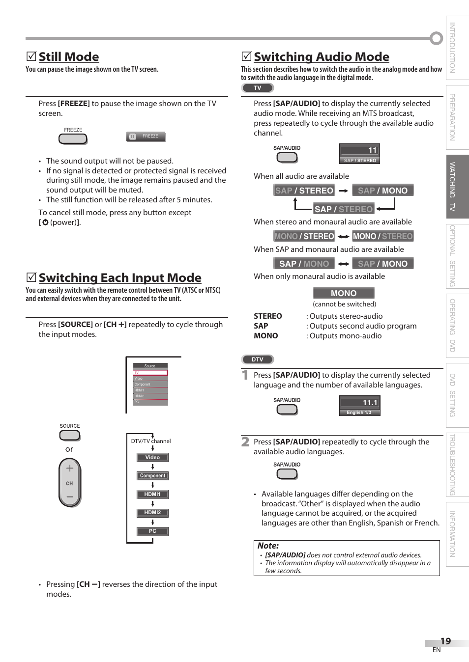 Still mode, Switching each input mode, Switching audio mode | Philips Magnavox 19MD350B/F7 User Manual | Page 19 / 57