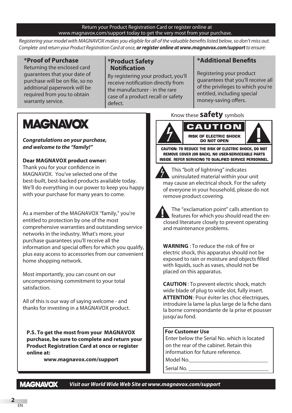 Safety | Philips Magnavox 19MD350B/F7 User Manual | Page 2 / 57