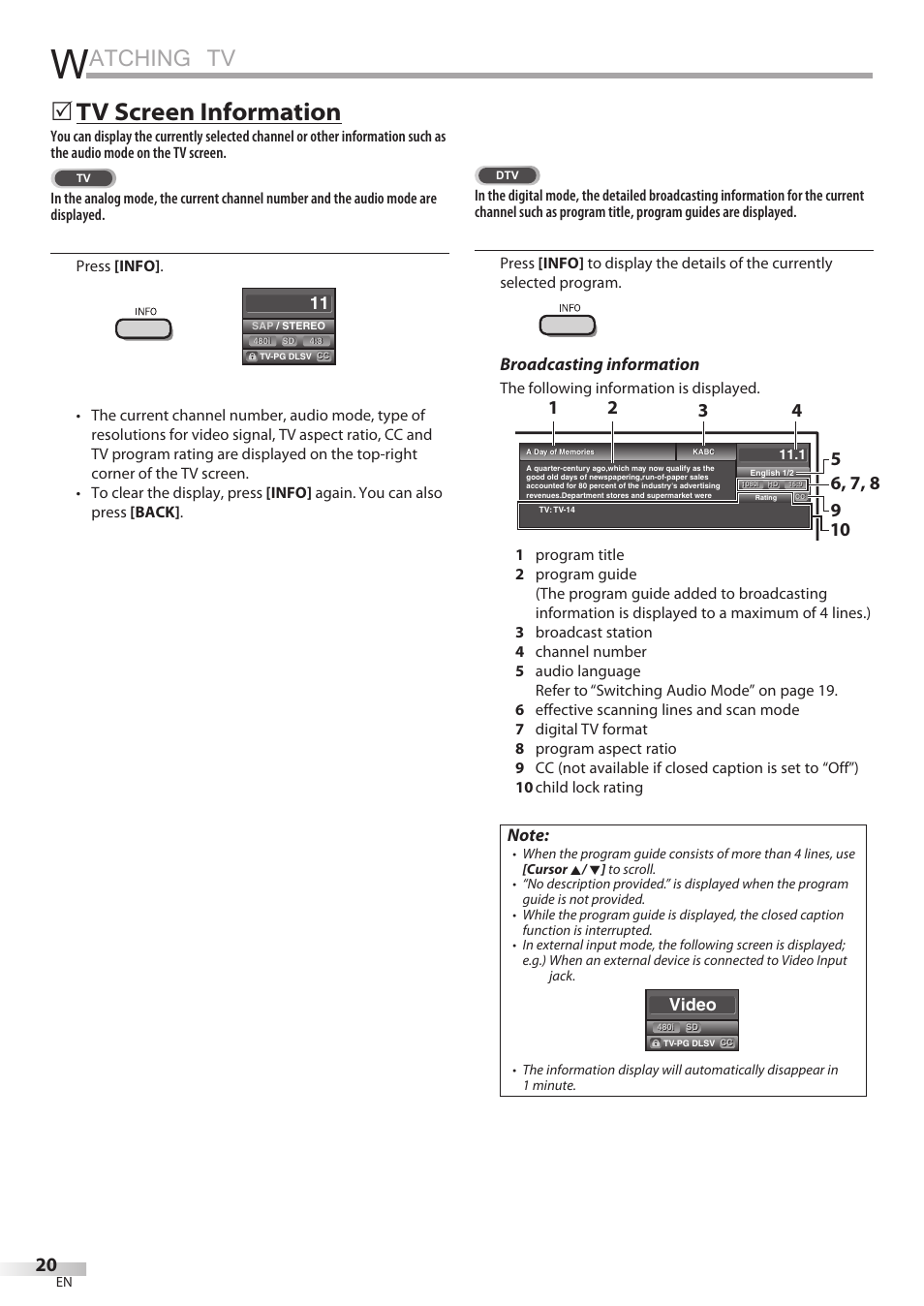 Atching tv, Tv screen information, Broadcasting information | Video | Philips Magnavox 19MD350B/F7 User Manual | Page 20 / 57