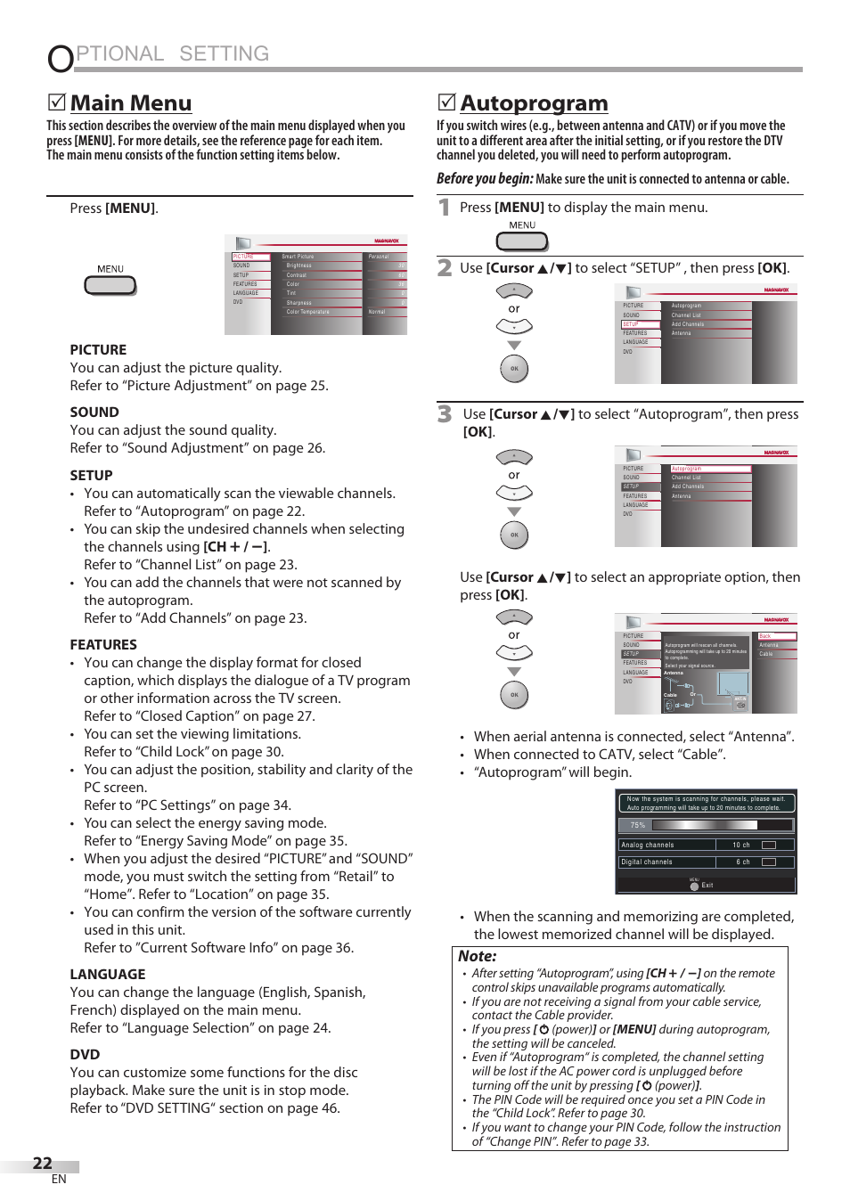 Ptional setting, Main menu, Autoprogram | Before you begin | Philips Magnavox 19MD350B/F7 User Manual | Page 22 / 57