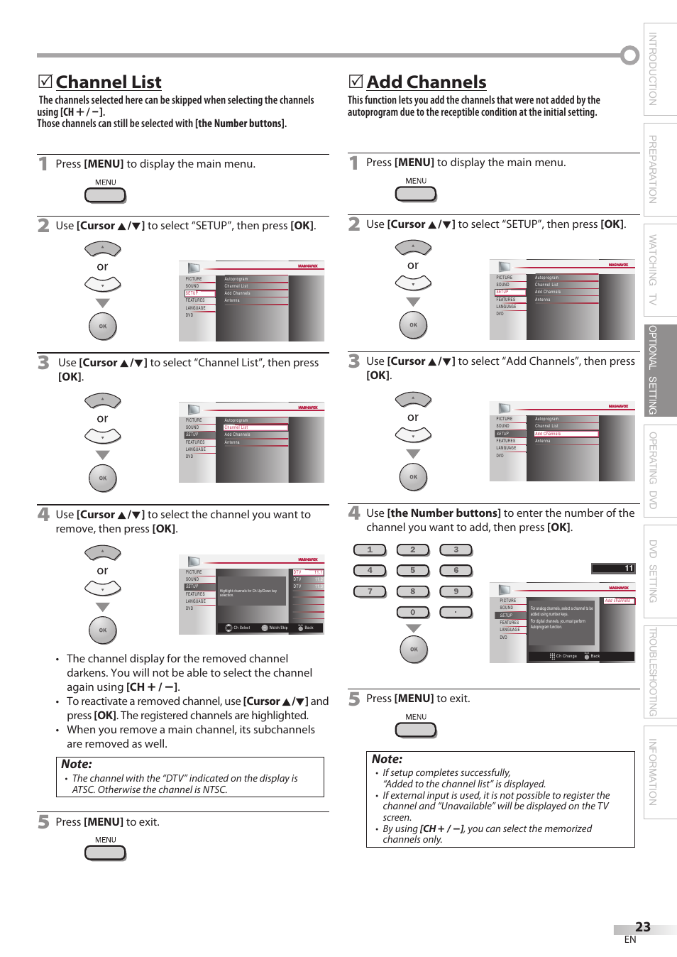 Channel list, Add channels | Philips Magnavox 19MD350B/F7 User Manual | Page 23 / 57