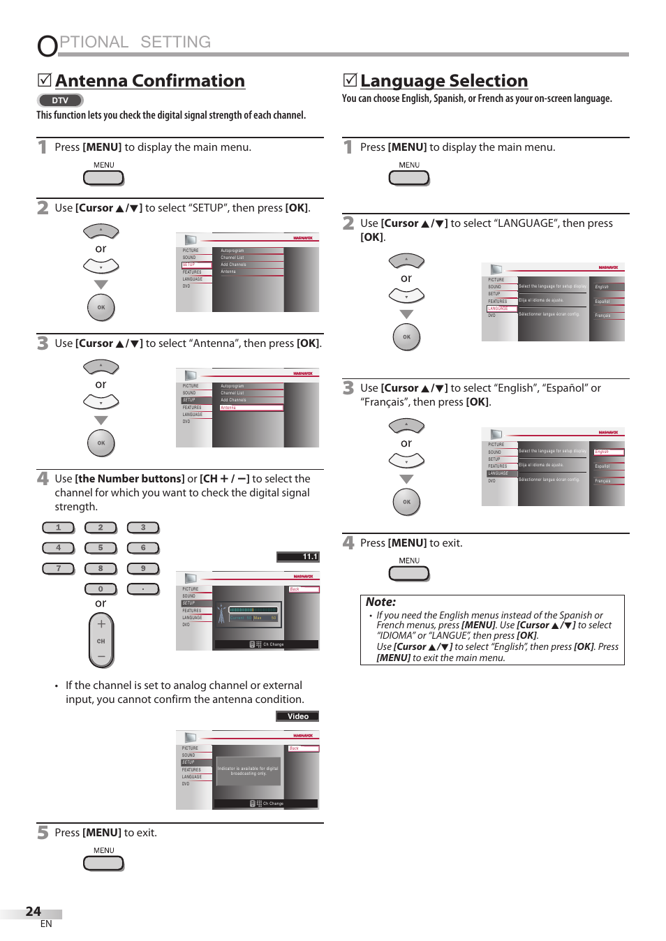 Ptional setting, Antenna confirmation, Language selection | Philips Magnavox 19MD350B/F7 User Manual | Page 24 / 57