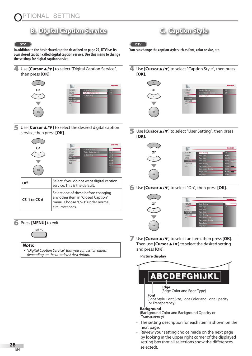 Ptional setting, B. digital caption service, C. caption style | Press [menu] to exit, Use [cursor k / l ] to select “on”, then press [ok | Philips Magnavox 19MD350B/F7 User Manual | Page 28 / 57