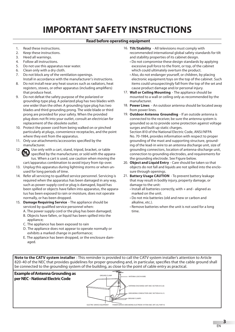 Important safety instructions, Read before operating equipment | Philips Magnavox 19MD350B/F7 User Manual | Page 3 / 57