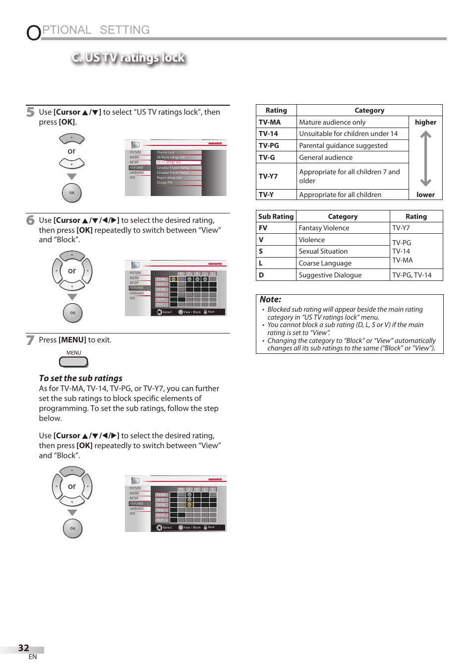 Ptional setting, C. us tv ratings lock, Press [menu] to exit | Philips Magnavox 19MD350B/F7 User Manual | Page 32 / 57