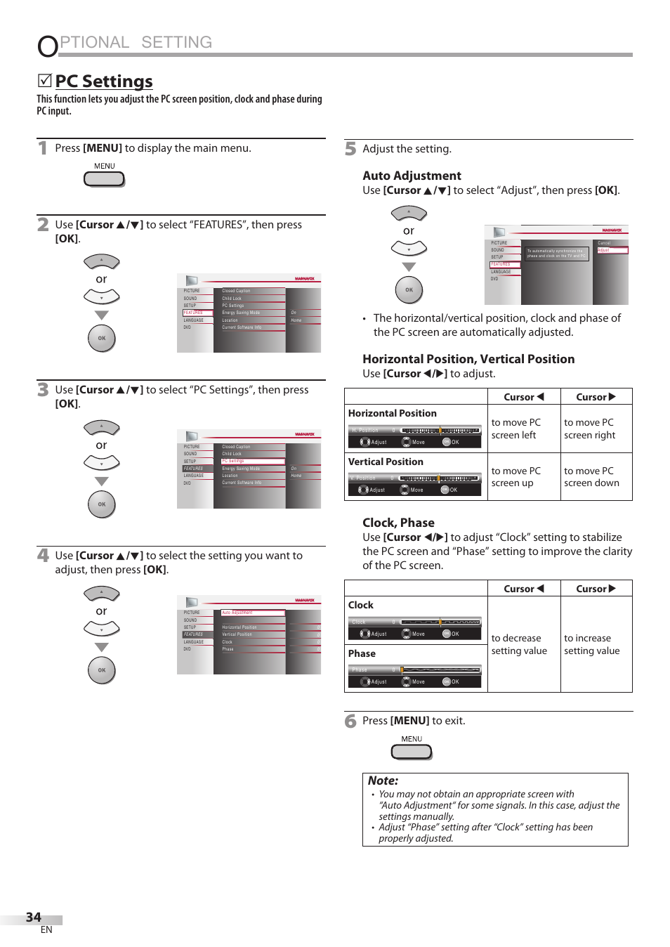 Ptional setting, Pc settings, Auto adjustment | Horizontal position, vertical position, Clock, phase, Press [menu] to display the main menu, Adjust the setting, Use [cursor s / b ] to adjust, Press [menu] to exit | Philips Magnavox 19MD350B/F7 User Manual | Page 34 / 57