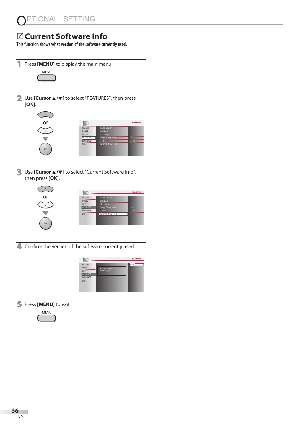 Ptional setting, Current software info | Philips Magnavox 19MD350B/F7 User Manual | Page 36 / 57