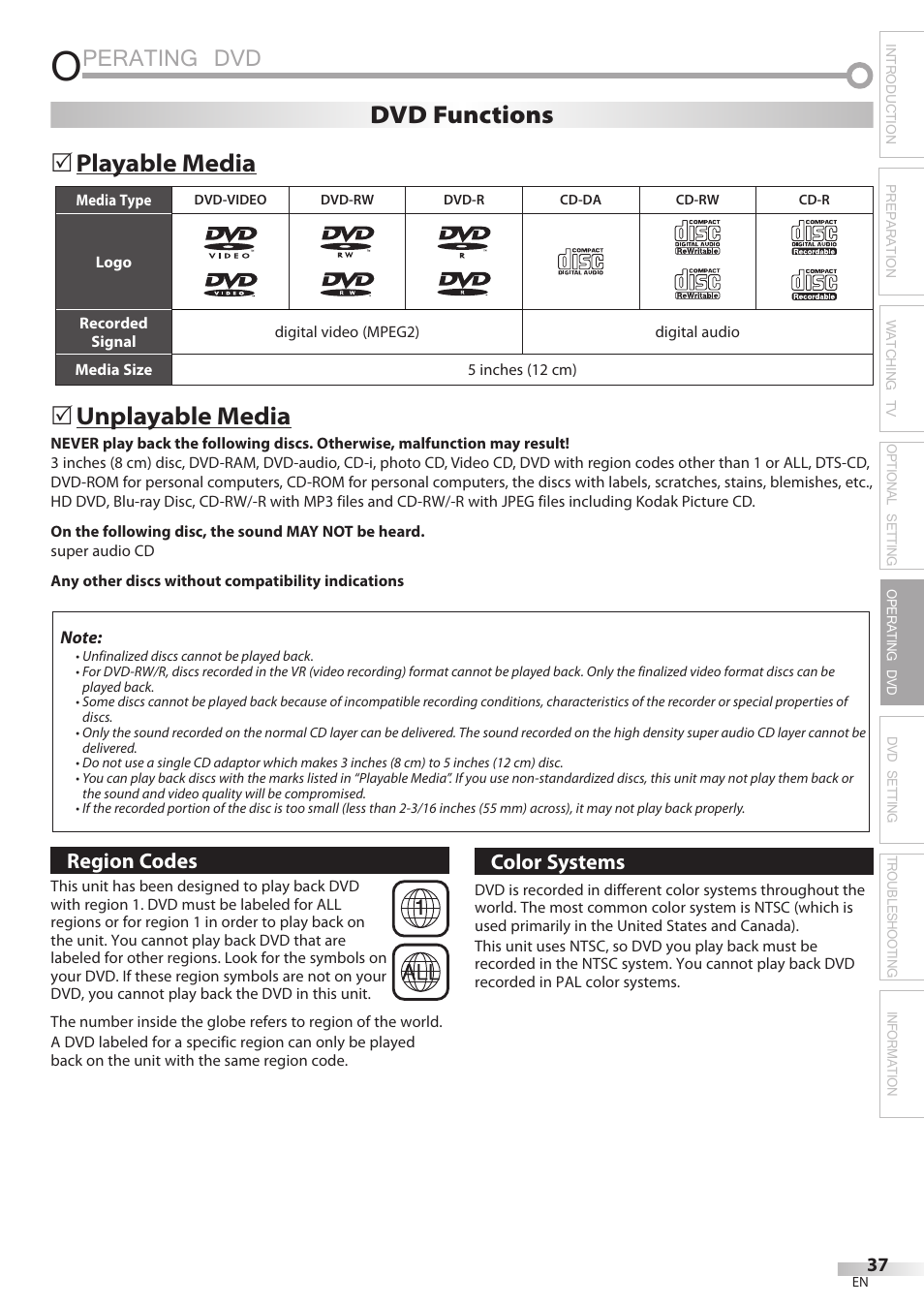 Perating dvd, Playable media, Unplayable media | Dvd functions | Philips Magnavox 19MD350B/F7 User Manual | Page 37 / 57