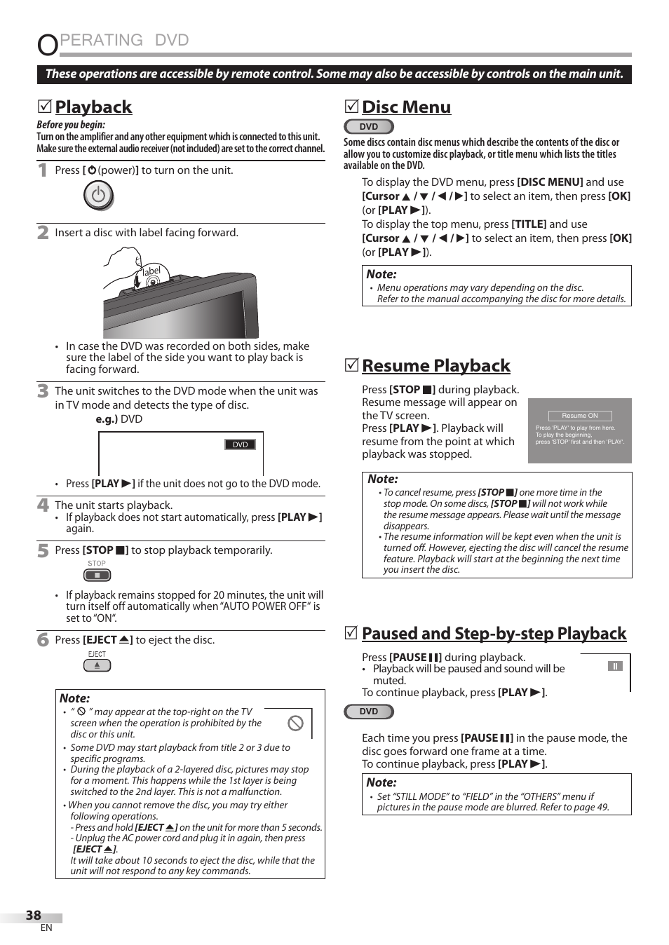 Perating dvd, Playback, Disc menu | Resume playback, Paused and step-by-step playback | Philips Magnavox 19MD350B/F7 User Manual | Page 38 / 57