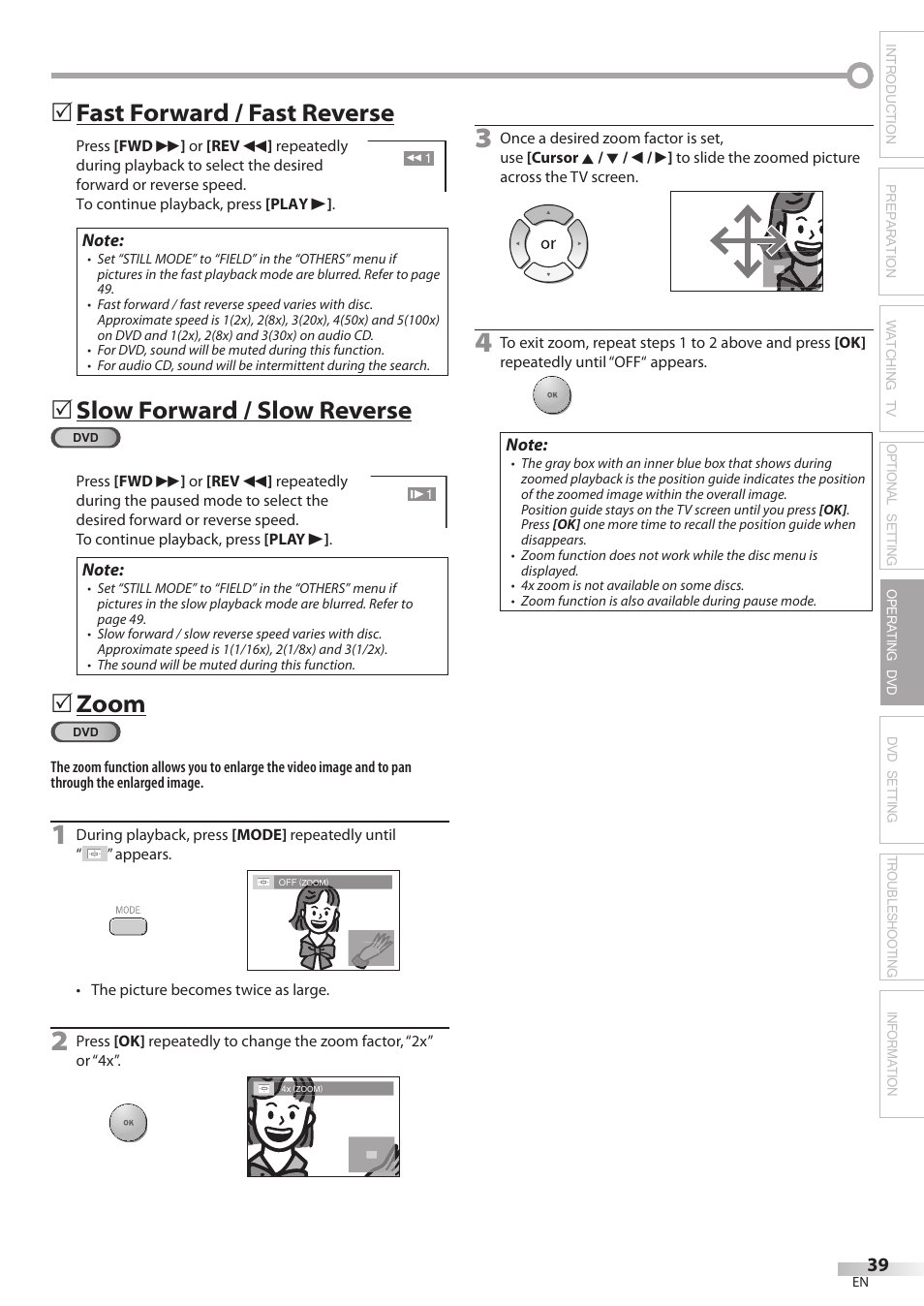 Fast forward / fast reverse, Slow forward / slow reverse, Zoom | Philips Magnavox 19MD350B/F7 User Manual | Page 39 / 57