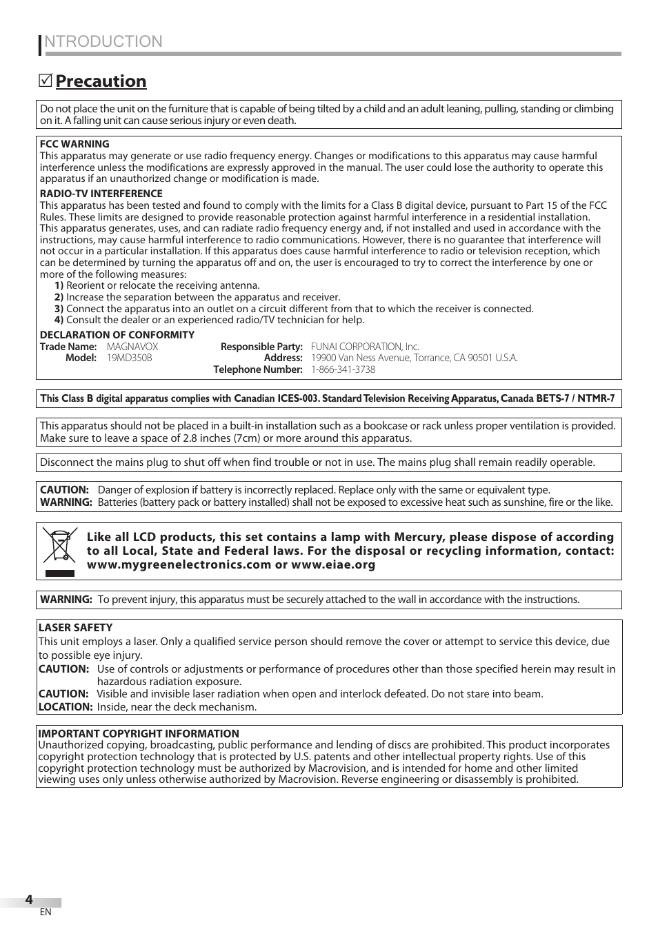 Ntroduction, Precaution | Philips Magnavox 19MD350B/F7 User Manual | Page 4 / 57