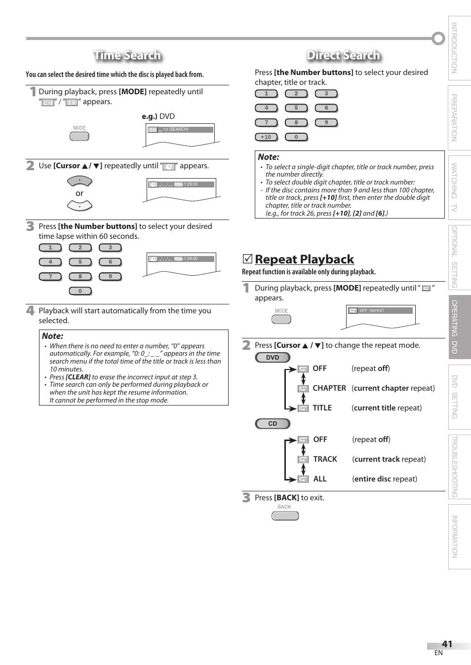 Time search, Direct search, Repeat playback | Philips Magnavox 19MD350B/F7 User Manual | Page 41 / 57