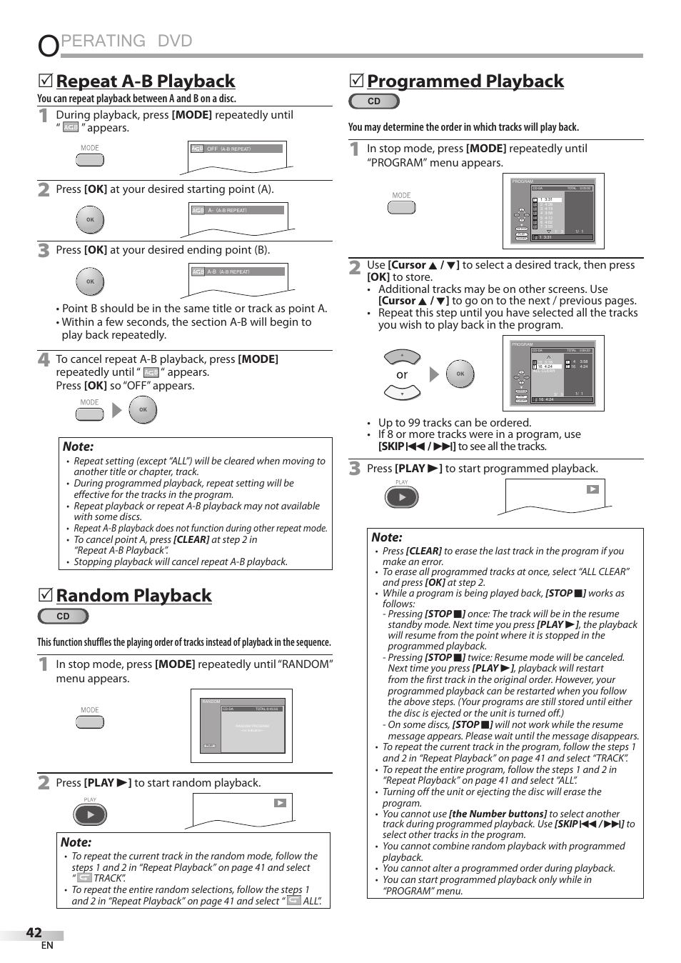 Perating dvd, Repeat a-b playback, Random playback | Programmed playback | Philips Magnavox 19MD350B/F7 User Manual | Page 42 / 57