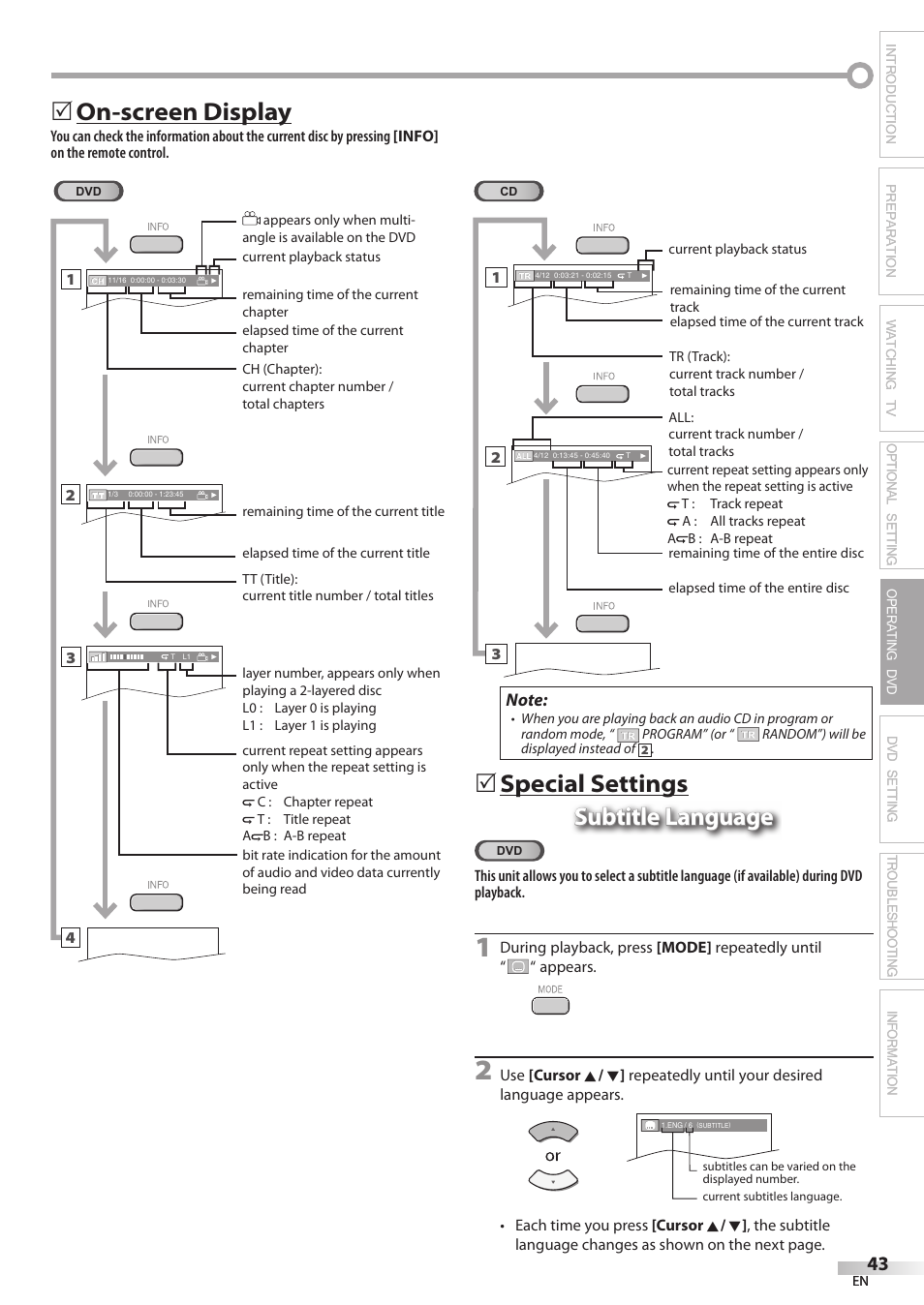 On-screen display | Philips Magnavox 19MD350B/F7 User Manual | Page 43 / 57