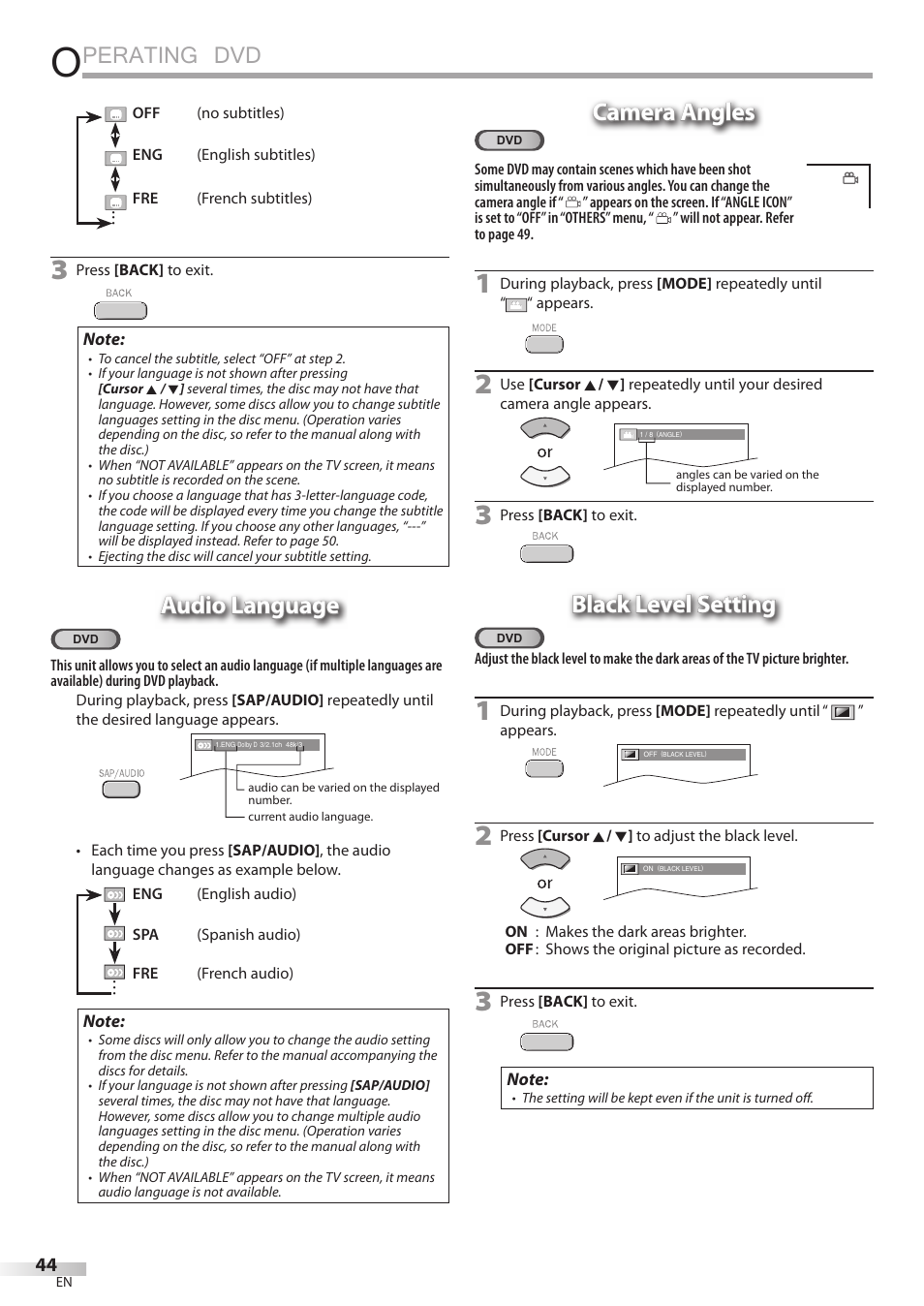 Perating dvd, Audio language, Camera angles | Black level setting | Philips Magnavox 19MD350B/F7 User Manual | Page 44 / 57