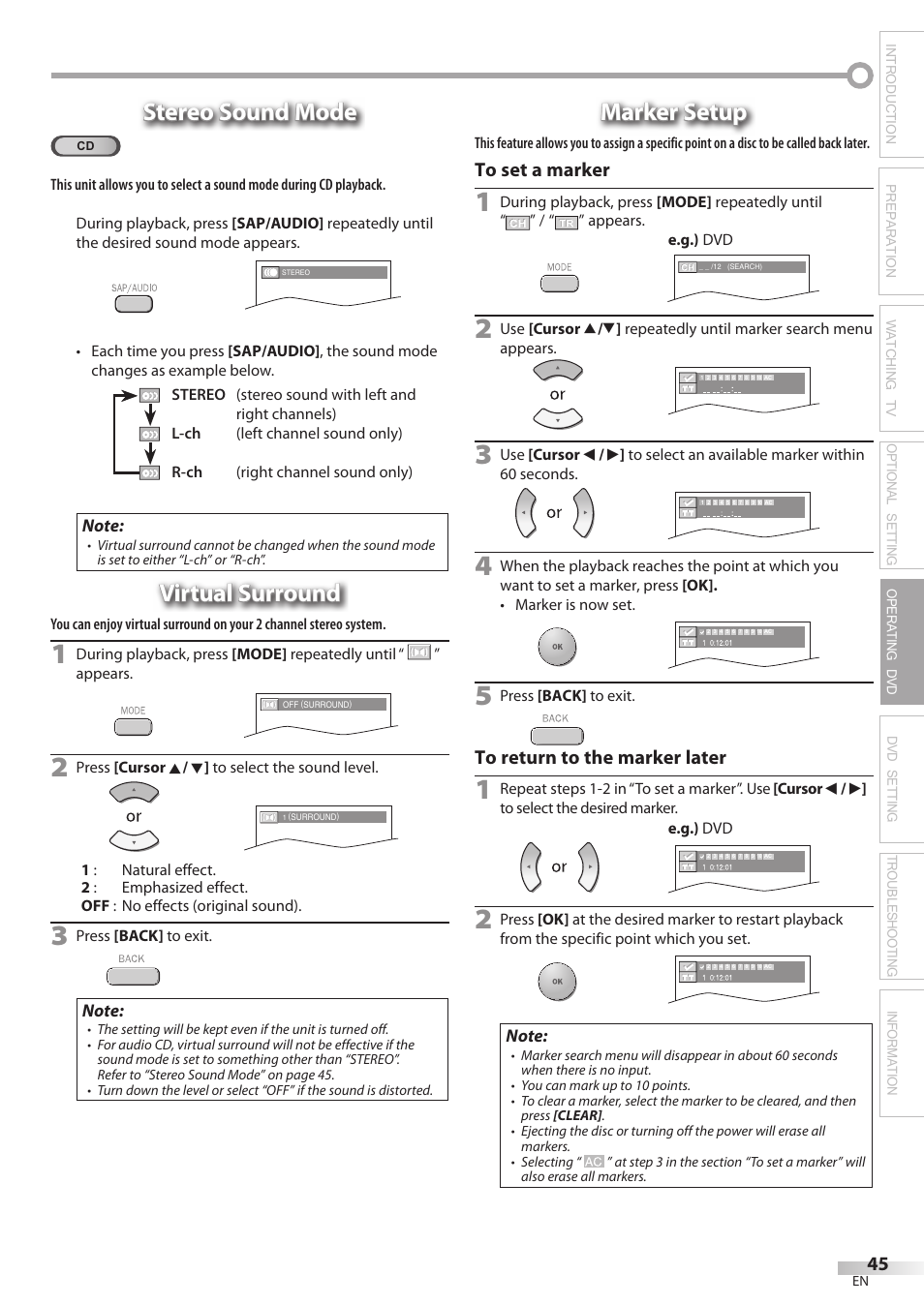 Stereo sound mode, Virtual surround, Marker setup | Philips Magnavox 19MD350B/F7 User Manual | Page 45 / 57