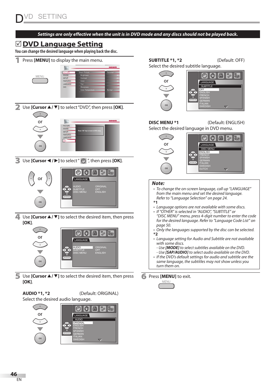 Vd setting, Dvd language setting | Philips Magnavox 19MD350B/F7 User Manual | Page 46 / 57