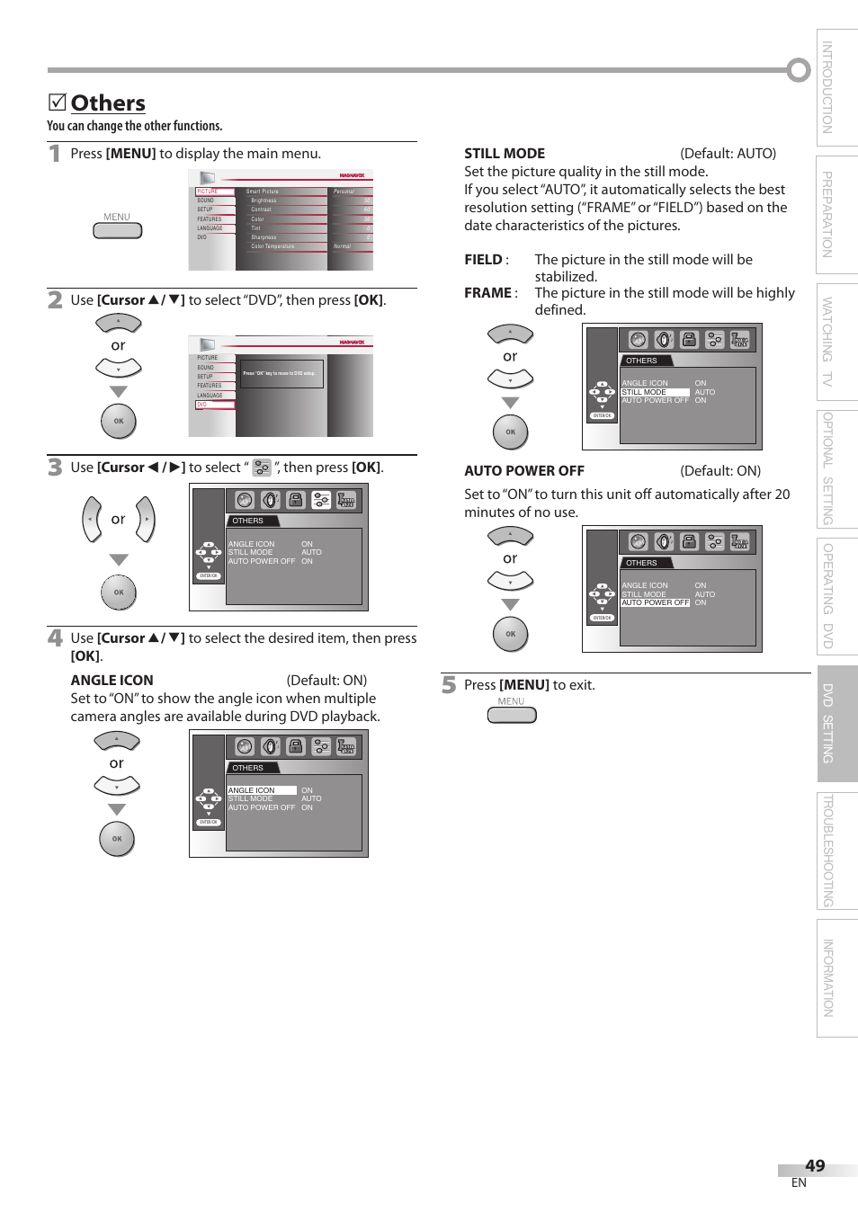 Others, You can change the other functions, Press [menu] to display the main menu | Use [cursor s / b ] to select “ ”, then press [ok, Press [menu] to exit | Philips Magnavox 19MD350B/F7 User Manual | Page 49 / 57