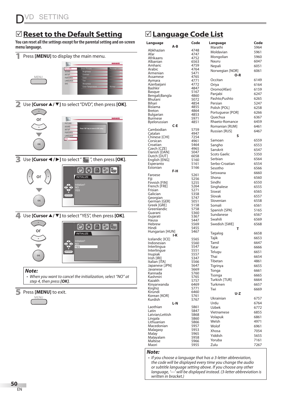 Vd setting, Language code list, Reset to the default setting | Philips Magnavox 19MD350B/F7 User Manual | Page 50 / 57