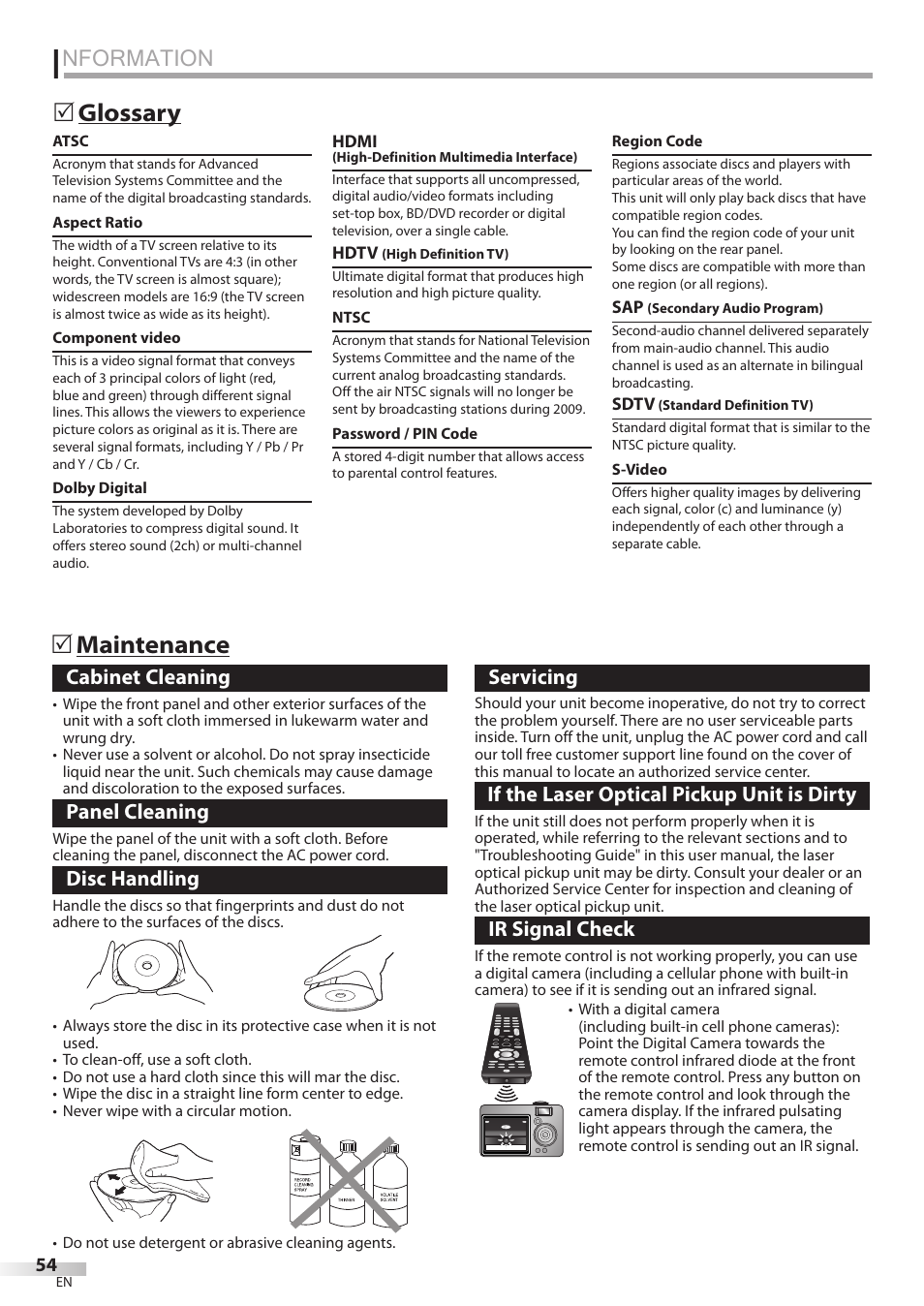 Nformation, Glossary  maintenance, Cabinet cleaning | Panel cleaning, Disc handling, Servicing, If the laser optical pickup unit is dirty, Ir signal check | Philips Magnavox 19MD350B/F7 User Manual | Page 54 / 57