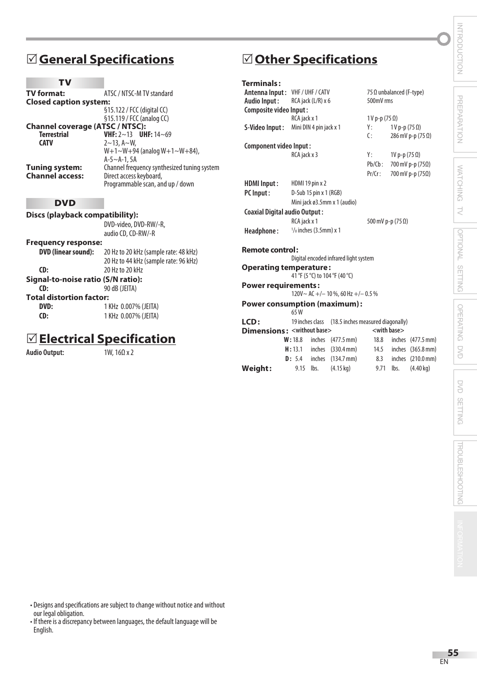 General specifications, Electrical specification, Other specifications | Philips Magnavox 19MD350B/F7 User Manual | Page 55 / 57