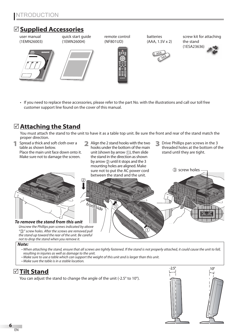 Ntroduction, Supplied accessories, Attaching the stand | Tilt stand | Philips Magnavox 19MD350B/F7 User Manual | Page 6 / 57