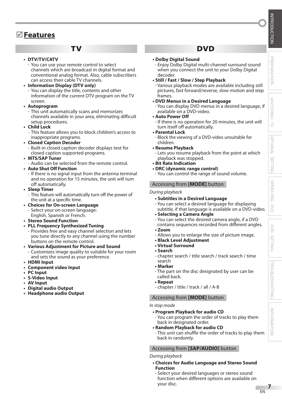 Features tv dvd | Philips Magnavox 19MD350B/F7 User Manual | Page 7 / 57