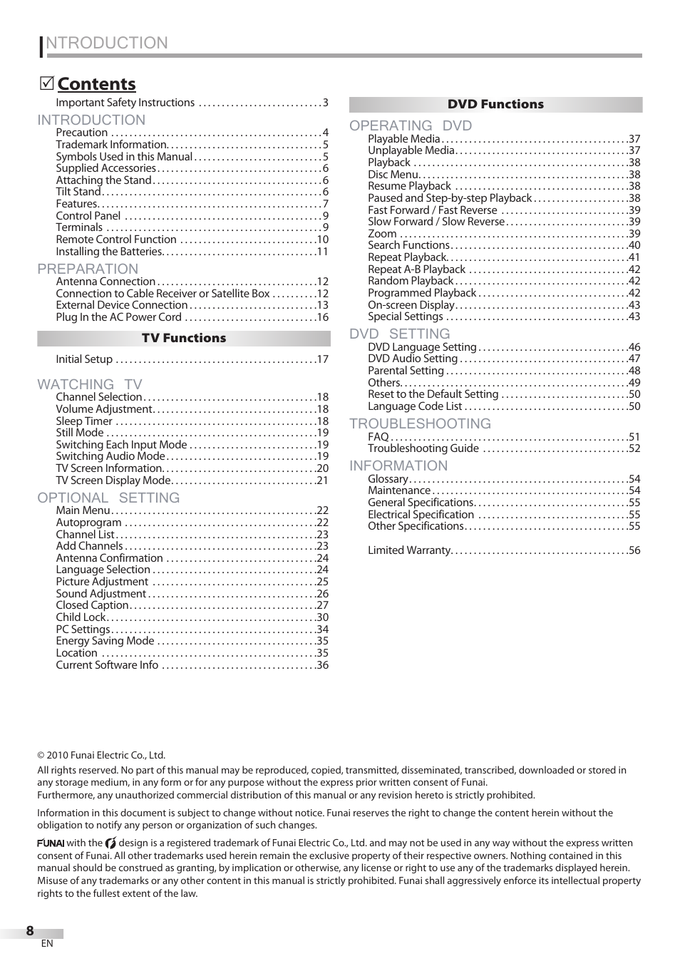 Ntroduction, Introduction, Preparation | Watching tv, Optional setting, Operating dvd, Dvd setting, Troubleshooting, Information | Philips Magnavox 19MD350B/F7 User Manual | Page 8 / 57