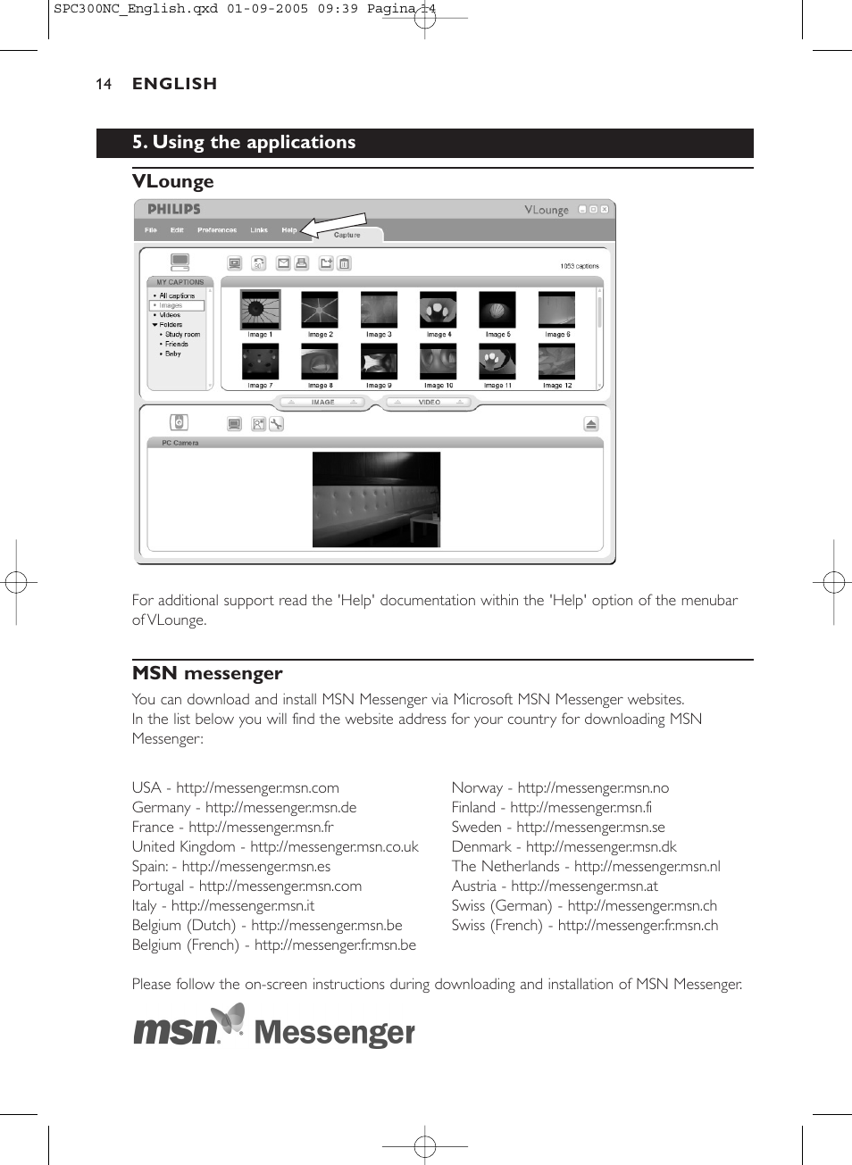 Using the applications vlounge, Msn messenger | Philips SPC 300NC User Manual | Page 14 / 22