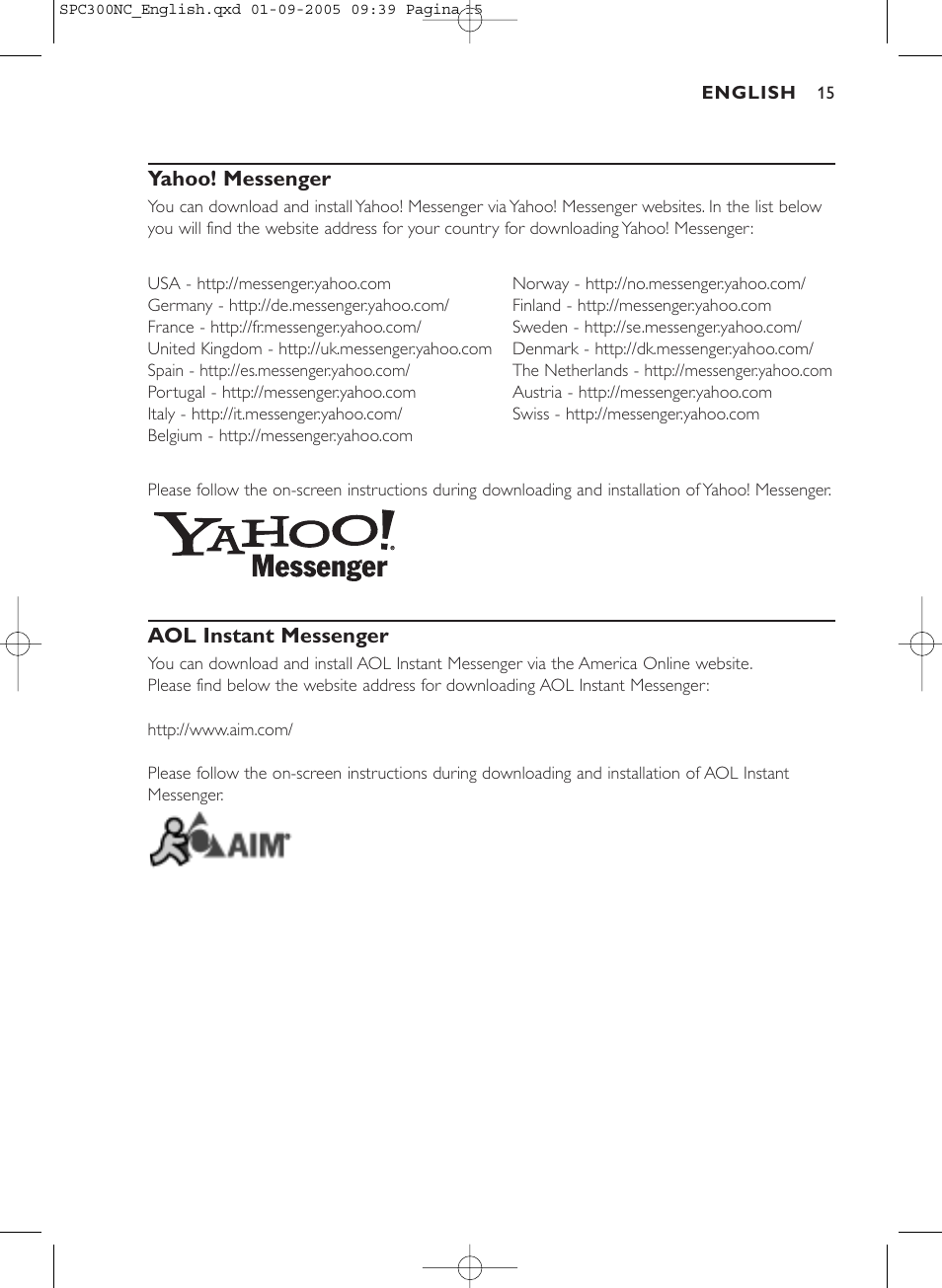 Yahoo! messenger, Aol instant messenger | Philips SPC 300NC User Manual | Page 15 / 22