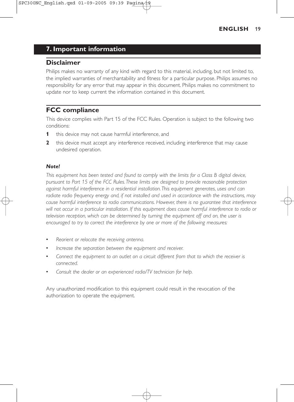 Important information disclaimer, Fcc compliance | Philips SPC 300NC User Manual | Page 19 / 22