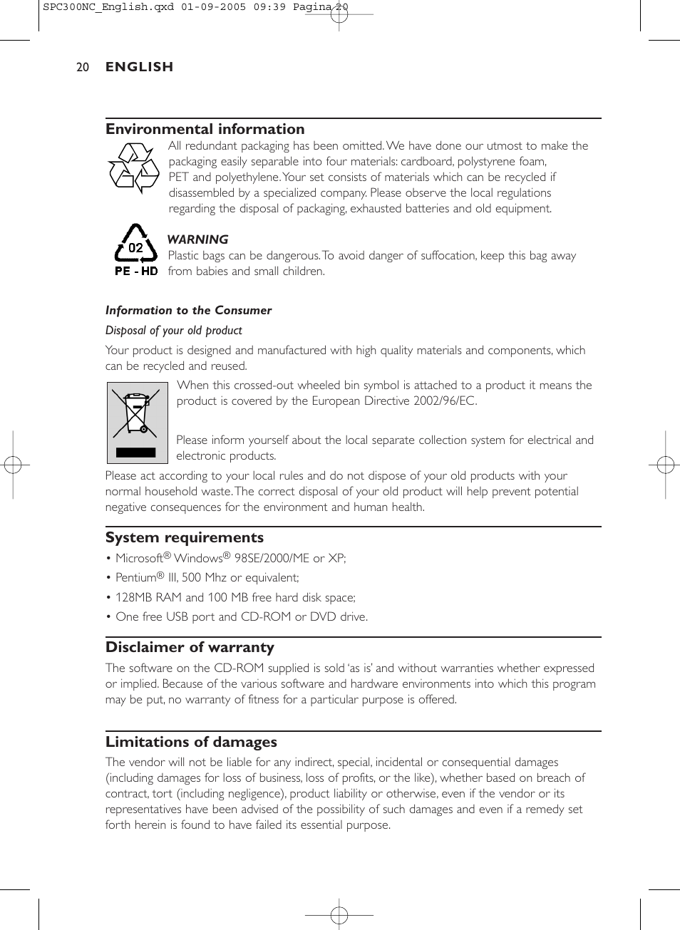 Environmental information, System requirements, Disclaimer of warranty | Limitations of damages | Philips SPC 300NC User Manual | Page 20 / 22