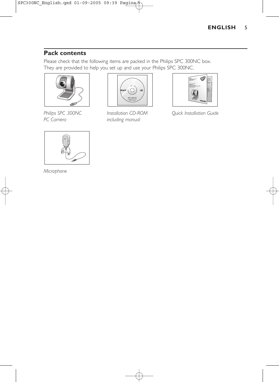 Pack contents, English | Philips SPC 300NC User Manual | Page 5 / 22