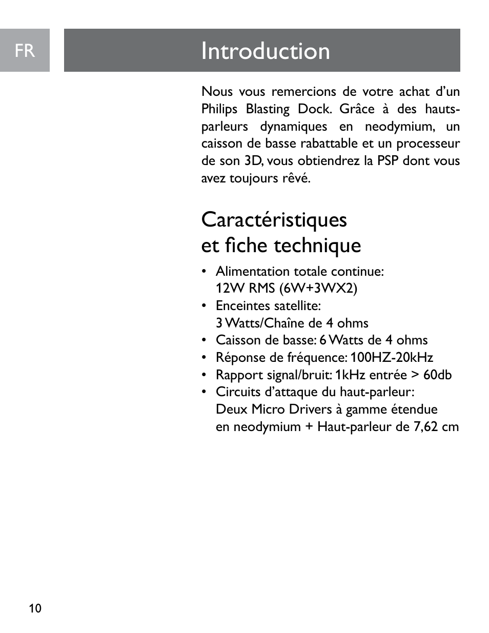 Introduction, Caractéristiques et fiche technique | Philips SGP6031BB/27 User Manual | Page 10 / 22