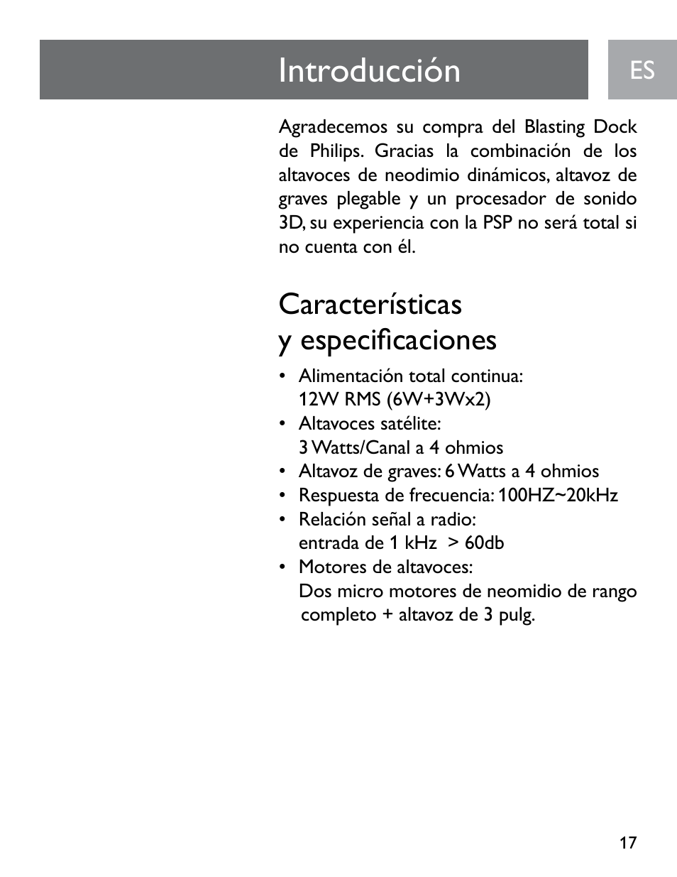 Introducción, Características y especificaciones | Philips SGP6031BB/27 User Manual | Page 17 / 22