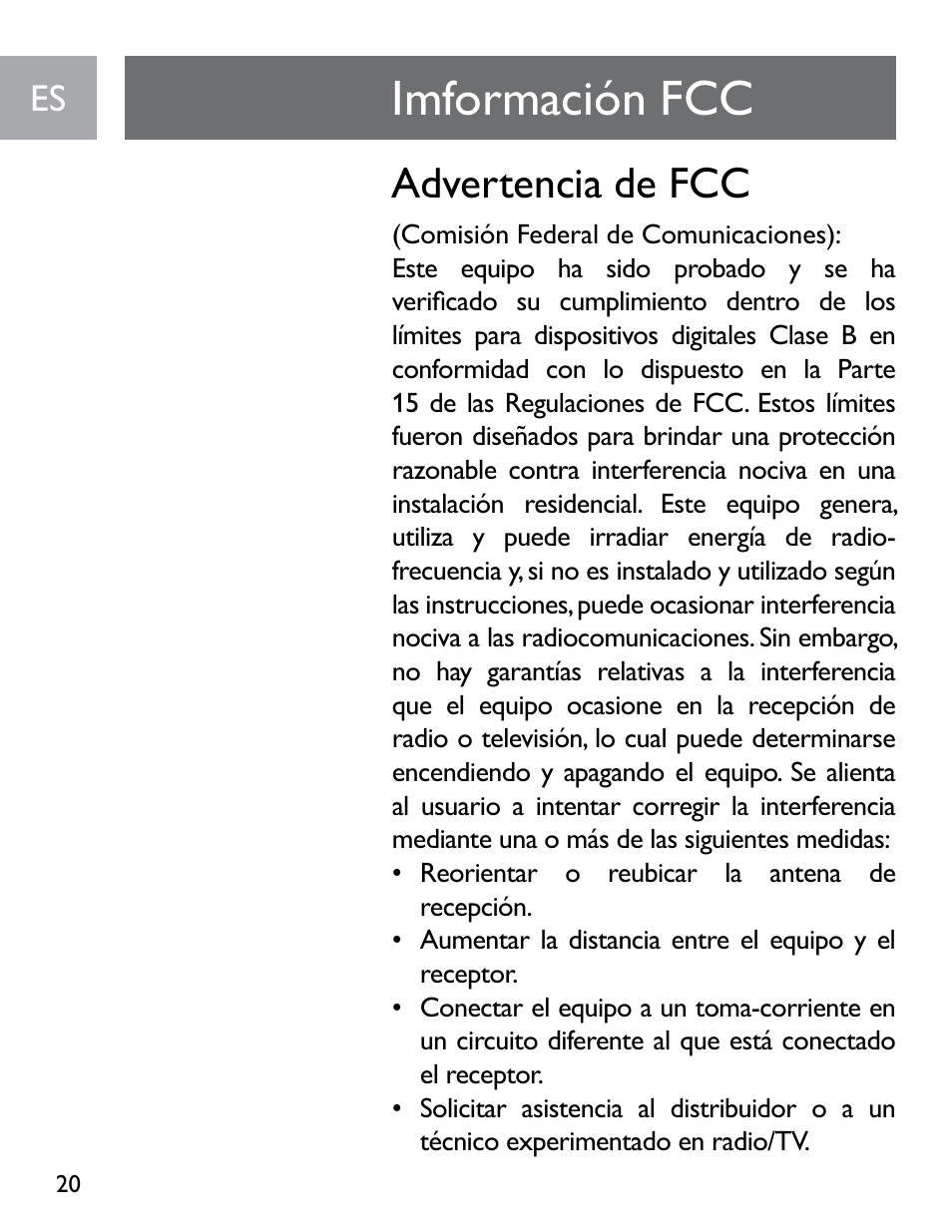 Imformación fcc, Advertencia de fcc | Philips SGP6031BB/27 User Manual | Page 20 / 22