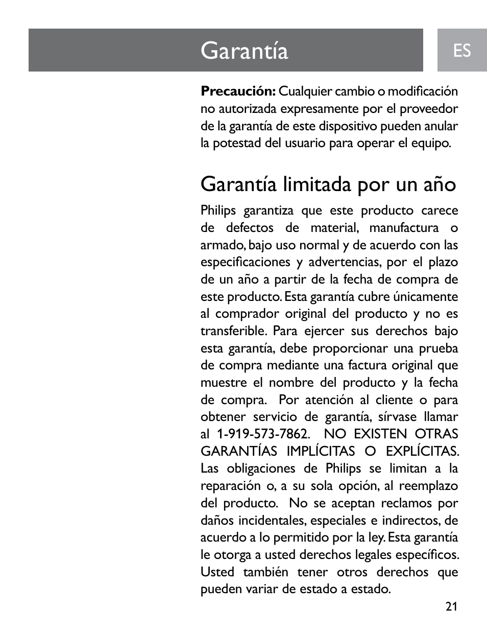 Garantía, Garantía limitada por un año | Philips SGP6031BB/27 User Manual | Page 21 / 22