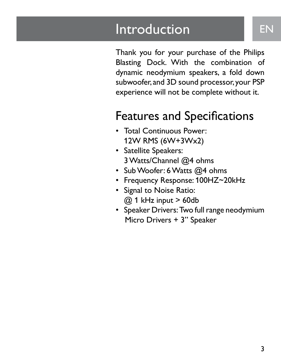 Introduction, Features and specifications | Philips SGP6031BB/27 User Manual | Page 3 / 22