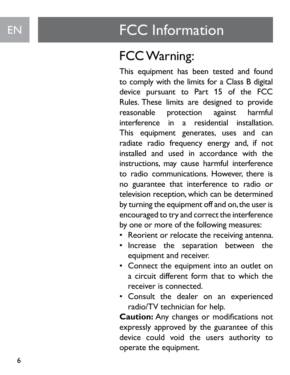 Fcc information, Fcc warning | Philips SGP6031BB/27 User Manual | Page 6 / 22