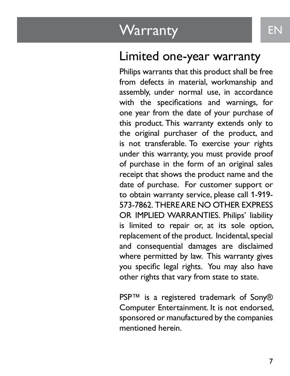 Warranty, Limited one-year warranty | Philips SGP6031BB/27 User Manual | Page 7 / 22