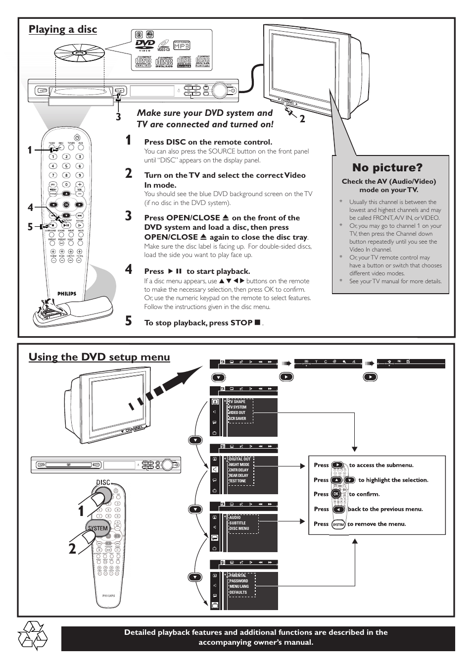 Playing a disc, Using the dvd setup menu, No picture | Philips MX2500/01 User Manual | Page 2 / 8