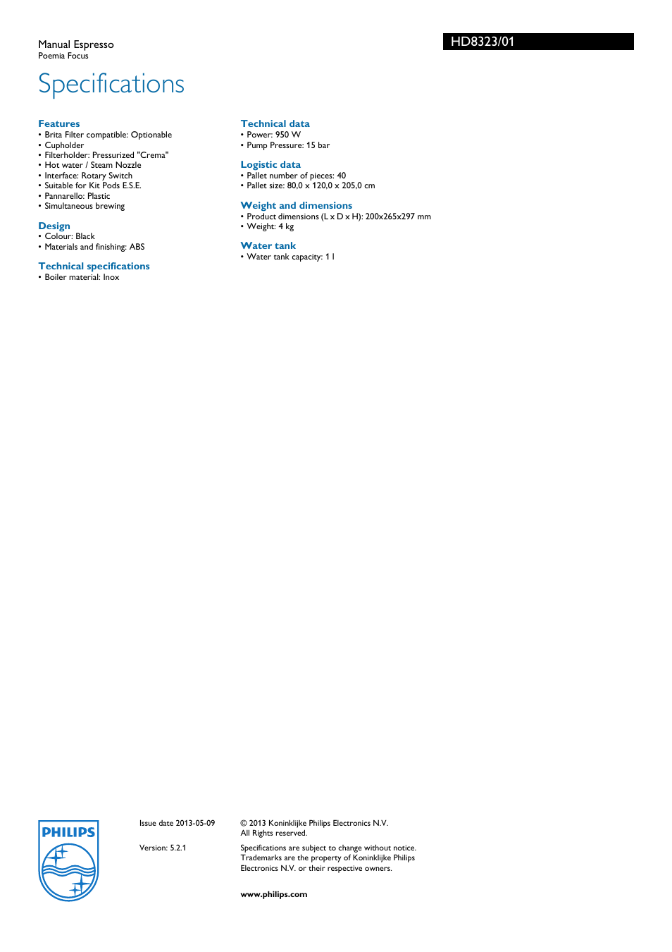 Specifications | Philips FOCUS HD8323/01 User Manual | Page 3 / 3