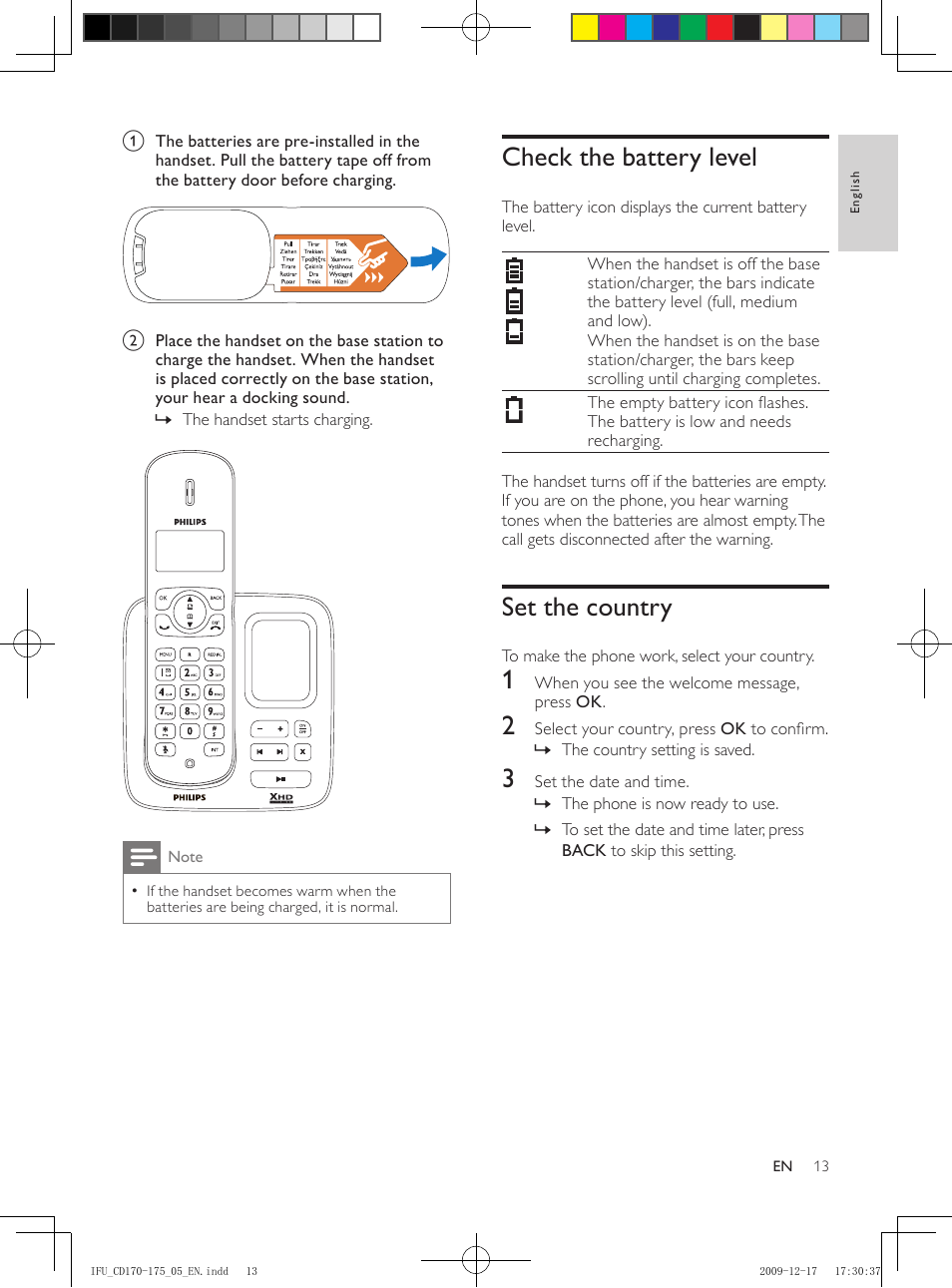 Check the battery level, Set the country | Philips CD175 User Manual | Page 13 / 40