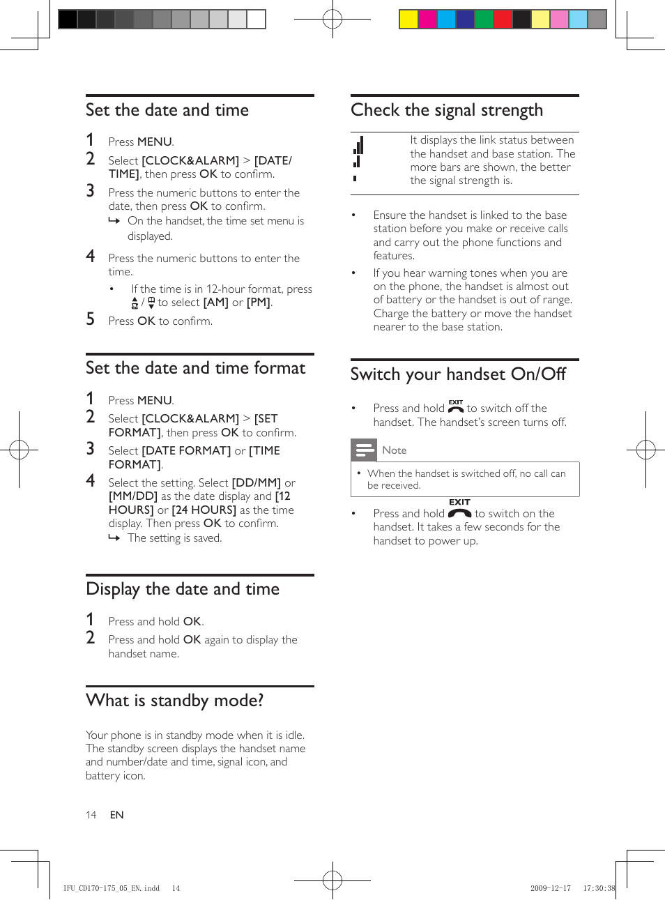 Set the date and time, Set the date and time format, Display the date and time | What is standby mode, Check the signal strength, Switch your handset on/off, Set the date and time 1, Set the date and time format 1, Display the date and time 1 | Philips CD175 User Manual | Page 14 / 40