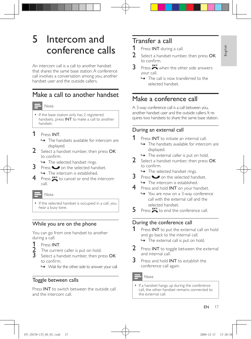 5 intercom and conference calls, Make a call to another handset, Transfer a call | Make a conference call, Transfer a call 1 | Philips CD175 User Manual | Page 17 / 40